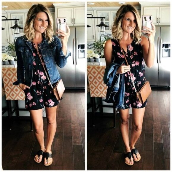 Sumer Floral Romper Shorts Strappy Back Spaghetti Straps Elastic Wais - Picture 5 of 6